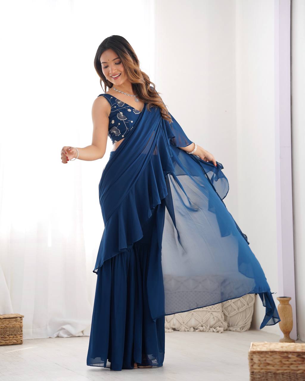 Vibrant Teal Blue Georgette Sharara Set with Sequins & Zari Embroidery