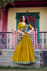 Vichitra Silk Lehenga with Sequins & Thread Embroidery and Kalamkari Print Border