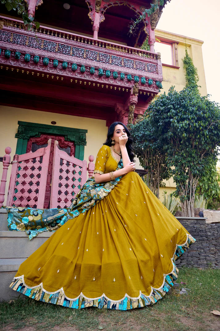 Vichitra Silk Lehenga with Sequins & Thread Embroidery and Kalamkari Print Border
