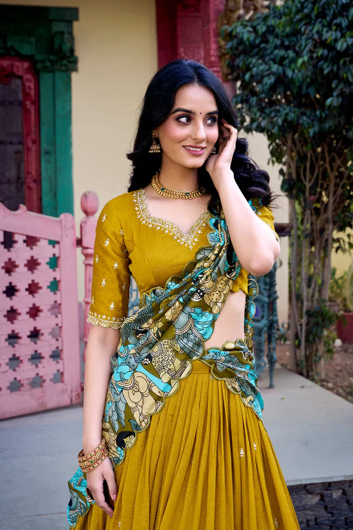 Vichitra Silk Lehenga with Sequins & Thread Embroidery and Kalamkari Print Border