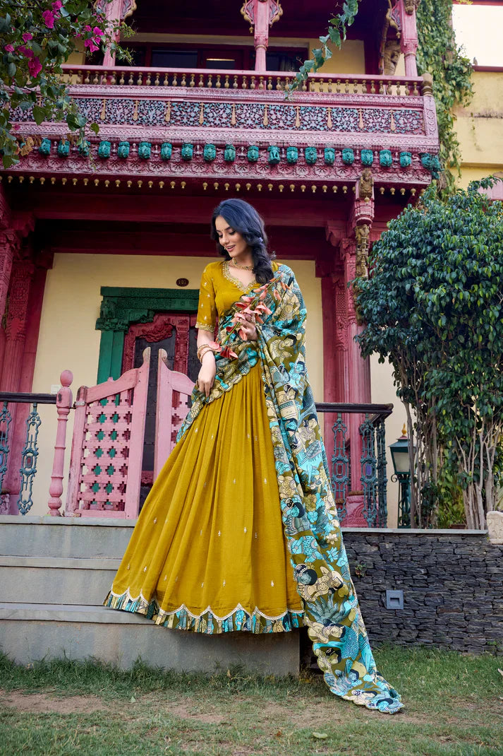 Vichitra Silk Lehenga with Sequins & Thread Embroidery and Kalamkari Print Border
