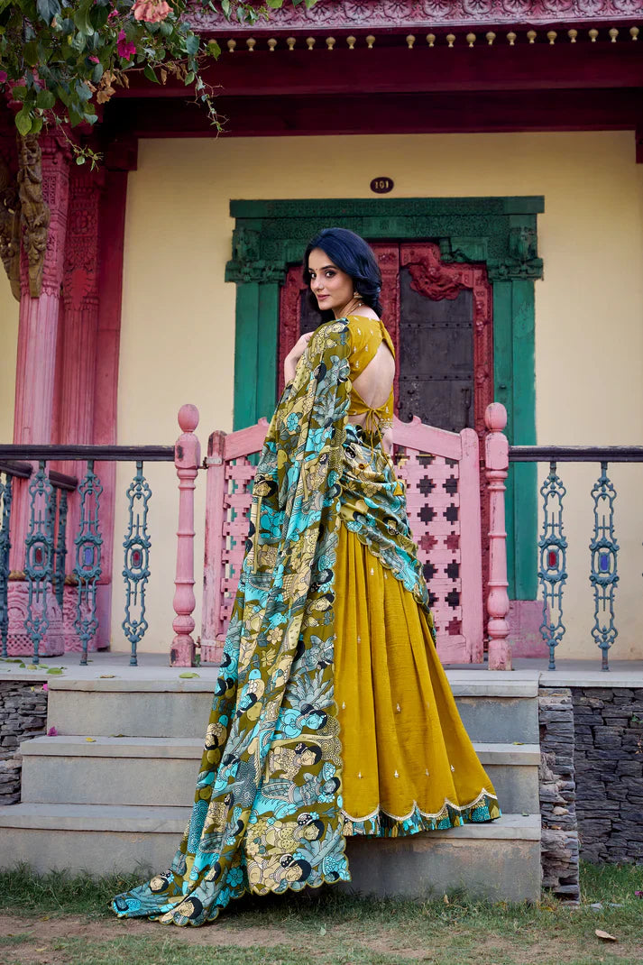 Vichitra Silk Lehenga with Sequins & Thread Embroidery and Kalamkari Print Border