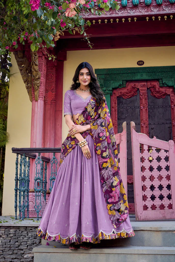 Vichitra Silk Embroidered Lehenga with Sequins & Kalamkari Print Border – Festive & Wedding Wear