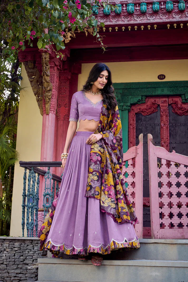 Vichitra Silk Embroidered Lehenga with Sequins & Kalamkari Print Border – Festive & Wedding Wear