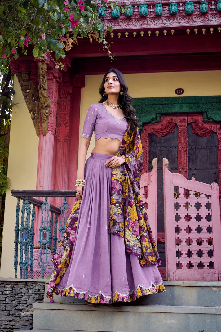 Vichitra Silk Embroidered Lehenga with Sequins & Kalamkari Print Border – Festive & Wedding Wear