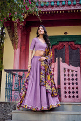Vichitra Silk Embroidered Lehenga with Sequins & Kalamkari Print Border – Festive & Wedding Wear