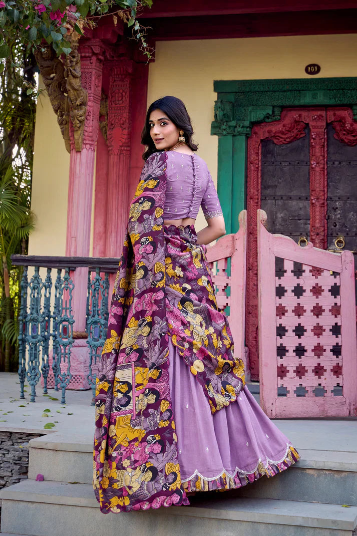 Vichitra Silk Embroidered Lehenga with Sequins & Kalamkari Print Border – Festive & Wedding Wear