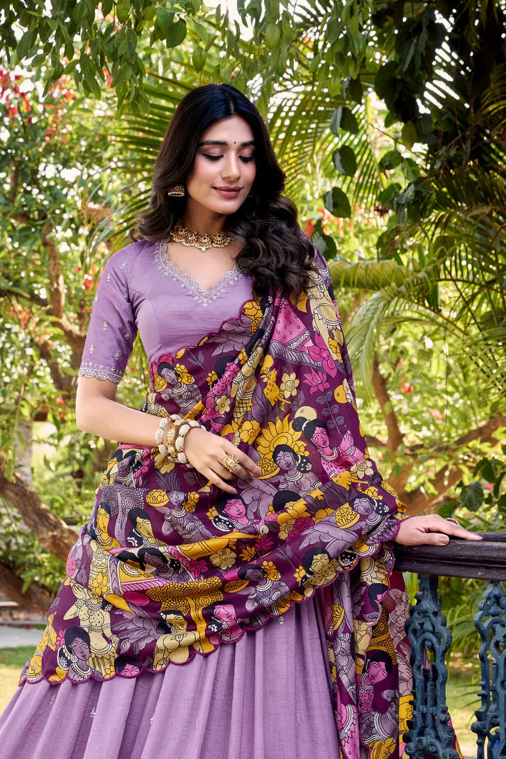 Vichitra Silk Embroidered Lehenga with Sequins & Kalamkari Print Border – Festive & Wedding Wear