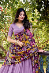 Vichitra Silk Embroidered Lehenga with Sequins & Kalamkari Print Border – Festive & Wedding Wear