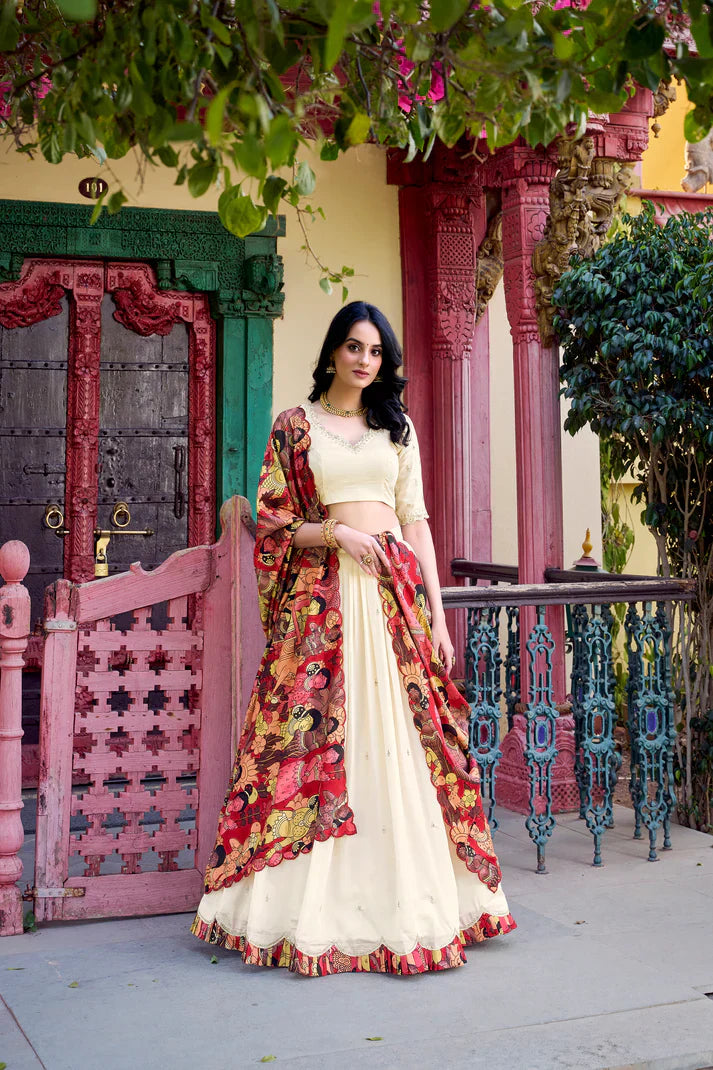 Vichitra Silk Embroidered Lehenga with Sequins & Kalamkari Print Border – Ethnic Wear for Festive Occasions