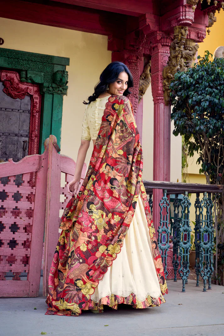 Vichitra Silk Embroidered Lehenga with Sequins & Kalamkari Print Border – Ethnic Wear for Festive Occasions