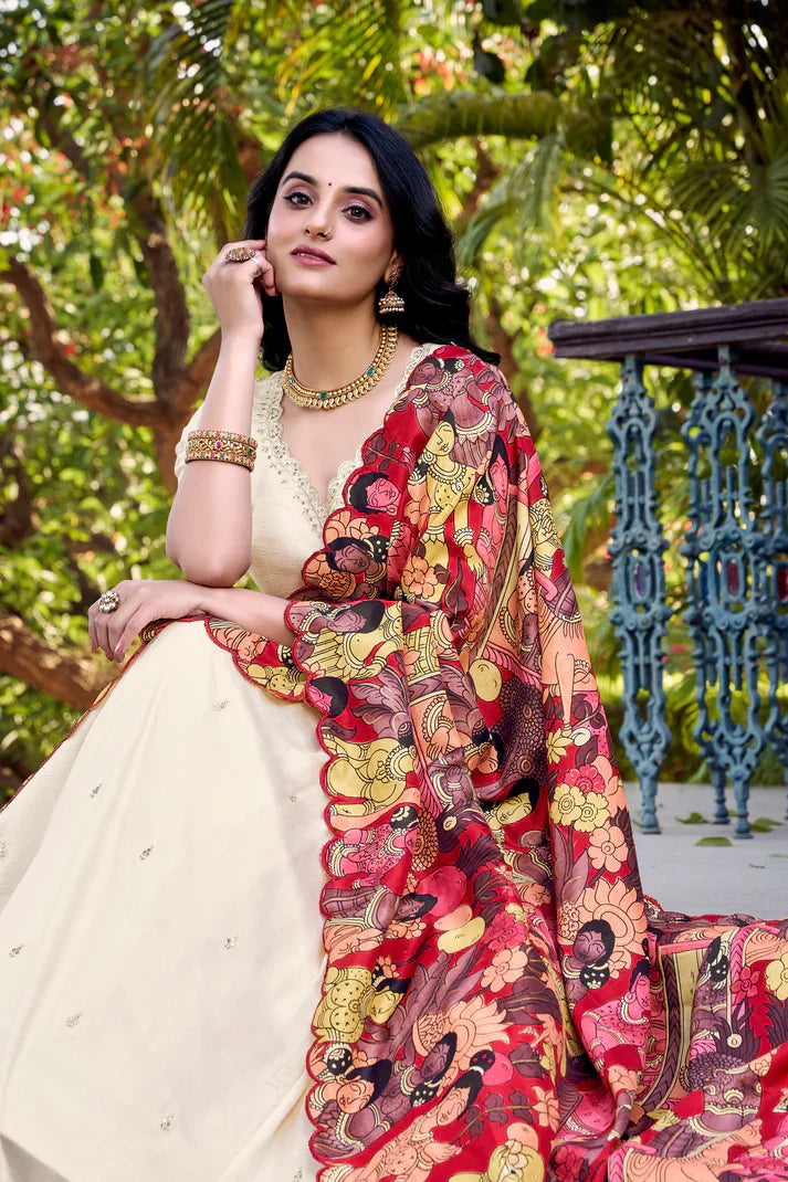 Vichitra Silk Embroidered Lehenga with Sequins & Kalamkari Print Border – Ethnic Wear for Festive Occasions