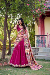 Vichitra Silk Lehenga with Sequin & Thread Embroidery and Kalamkari Print Border – Elegant Festive Wear