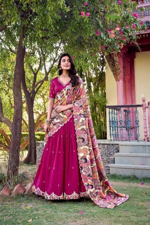 Vichitra Silk Lehenga with Sequin & Thread Embroidery and Kalamkari Print Border – Elegant Festive Wear