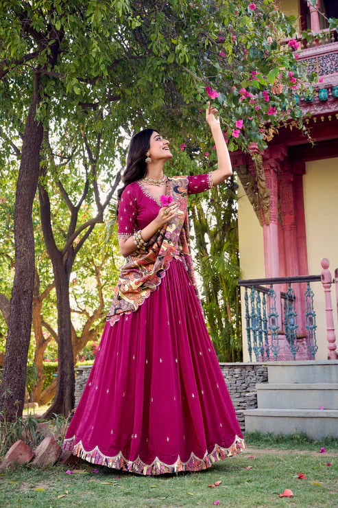 Vichitra Silk Lehenga with Sequin & Thread Embroidery and Kalamkari Print Border – Elegant Festive Wear