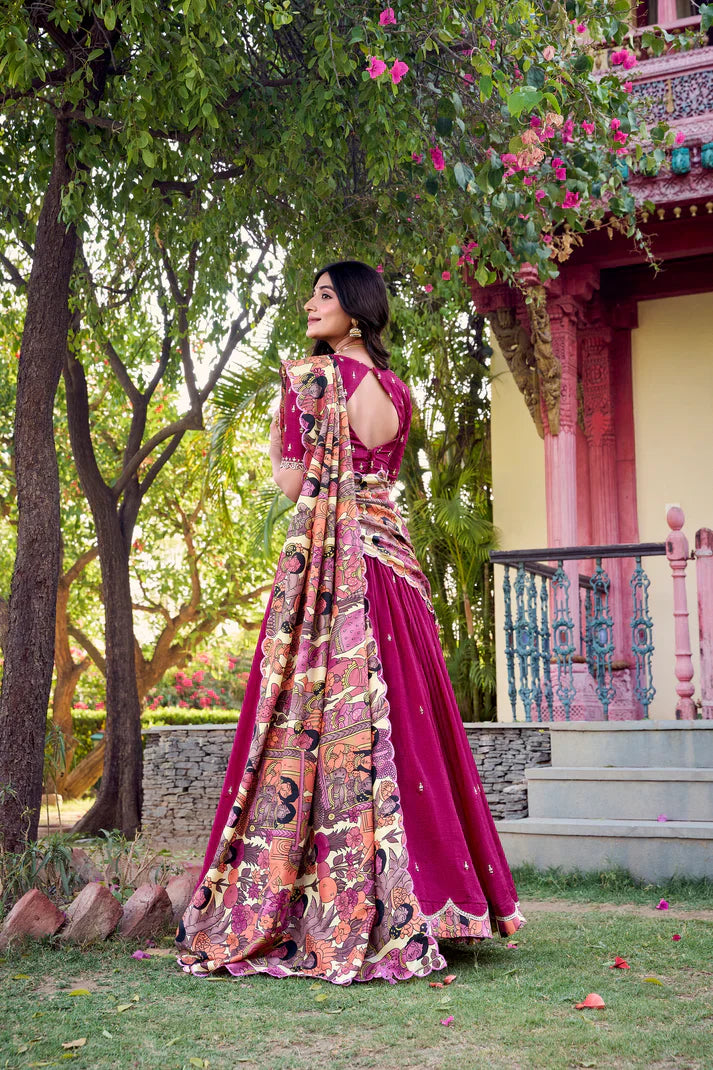 Vichitra Silk Lehenga with Sequin & Thread Embroidery and Kalamkari Print Border – Elegant Festive Wear