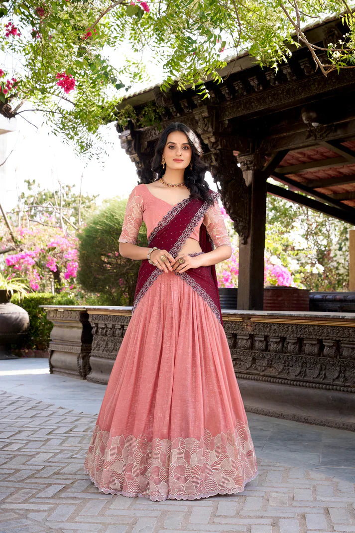 Silver Glossy Lehenga with Sequins & Hotfix Embroidery | Silk Lined with Rangoli Silk Dupatta