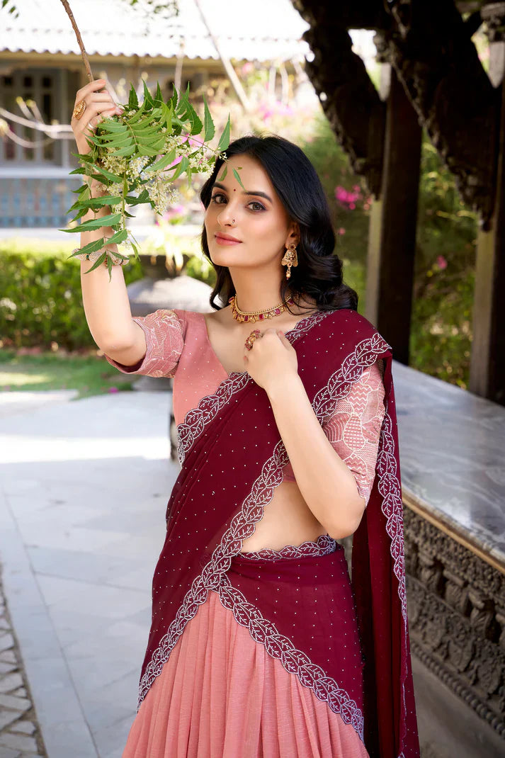 Silver Glossy Lehenga with Sequins & Hotfix Embroidery | Silk Lined with Rangoli Silk Dupatta