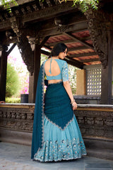 Stitched Silver Glossy Lehenga with Sequins & Hotfix Embroidery, Silk Lining, and Rangoli Silk Dupatta