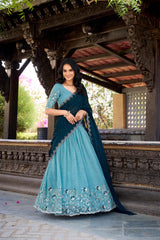 Stitched Silver Glossy Lehenga with Sequins & Hotfix Embroidery, Silk Lining, and Rangoli Silk Dupatta