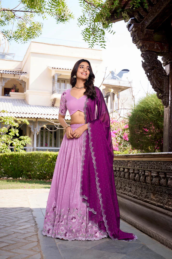 Elegant Silver Glossy Lehenga Set with Sequins, Thread Embroidery & Hotfix Detailing – Stitched Lehenga with Drawstring Closure