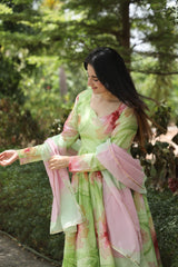 Muslin Hand Print Foil Work Kurta Set with Micro Cotton Pants & Printed Georgette Dupatta