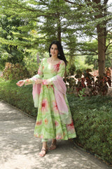 Muslin Hand Print Foil Work Kurta Set with Micro Cotton Pants & Printed Georgette Dupatta