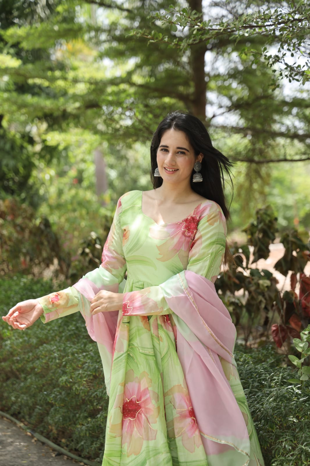 Muslin Hand Print Foil Work Kurta Set with Micro Cotton Pants & Printed Georgette Dupatta