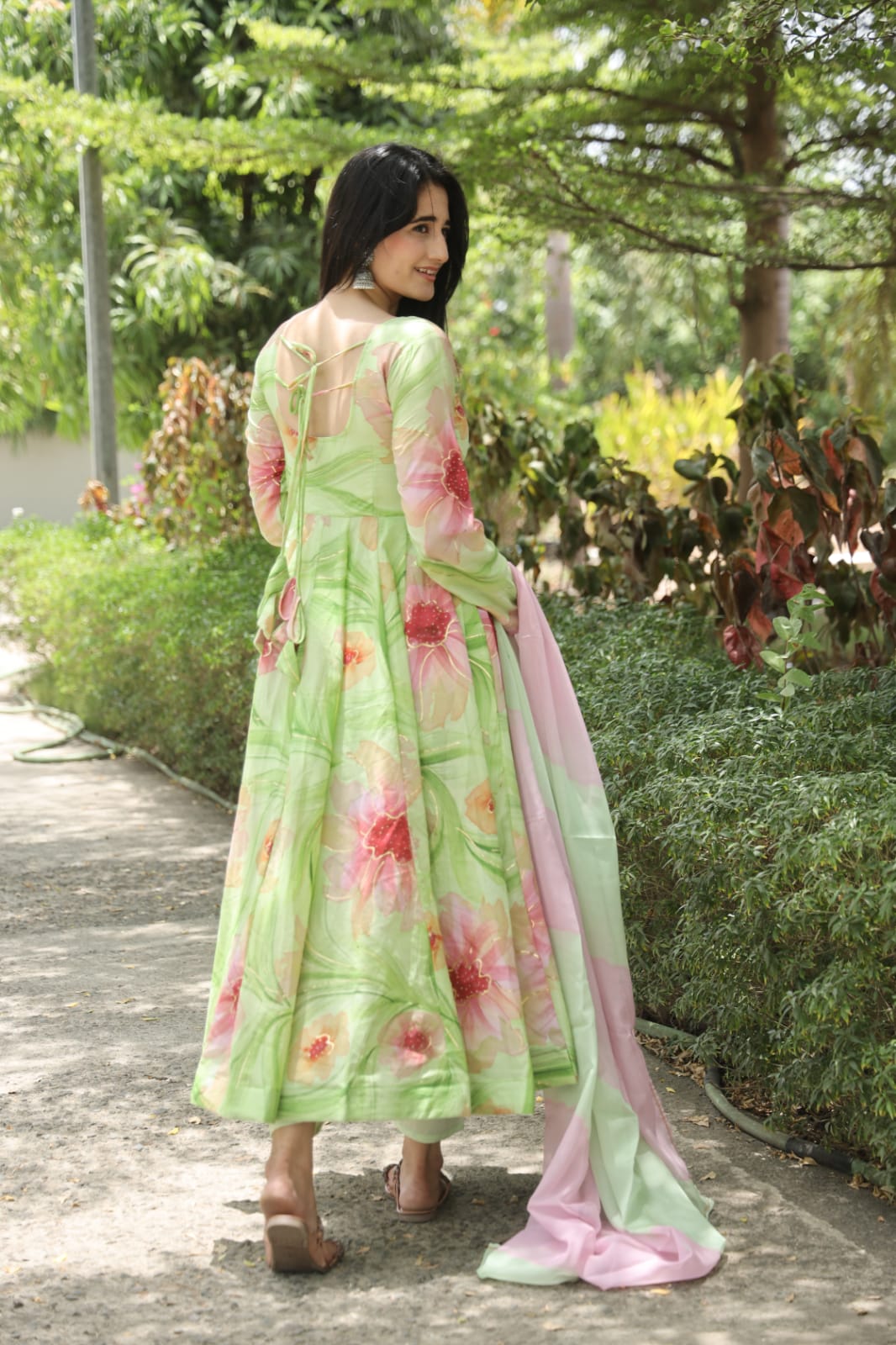 Muslin Hand Print Foil Work Kurta Set with Micro Cotton Pants & Printed Georgette Dupatta
