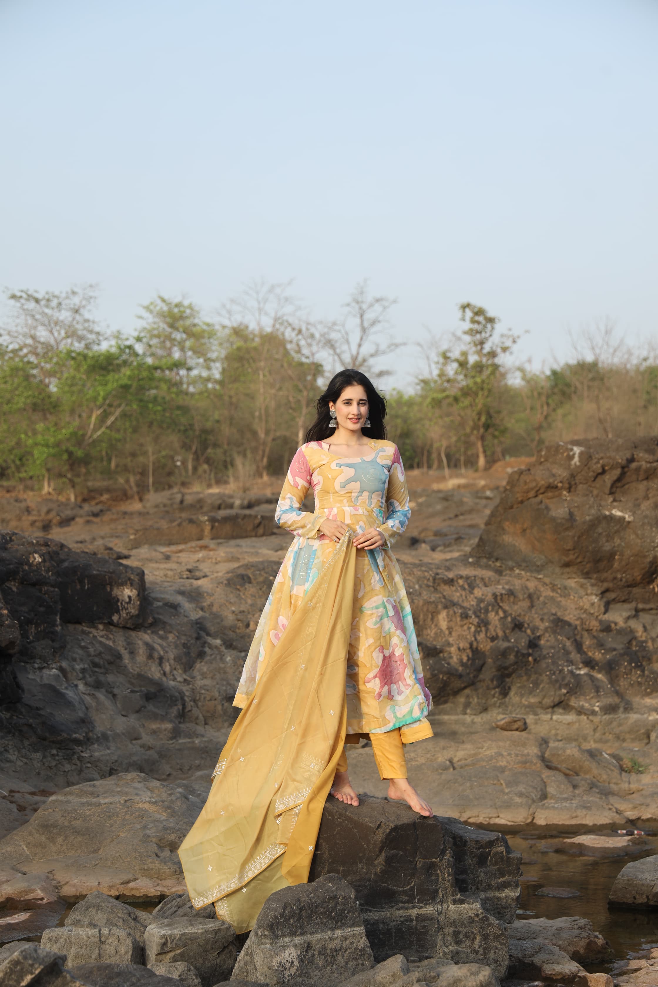 Organza Hand Print Foil Work Kurta Set with Micro Cotton Pants & Embroidered Organza Dupatta