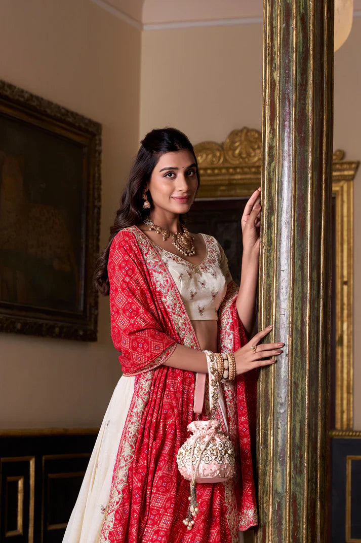 Vichitra Silk Lehenga with Sequins & Thread Embroidery and Pure Cotton Dupatta