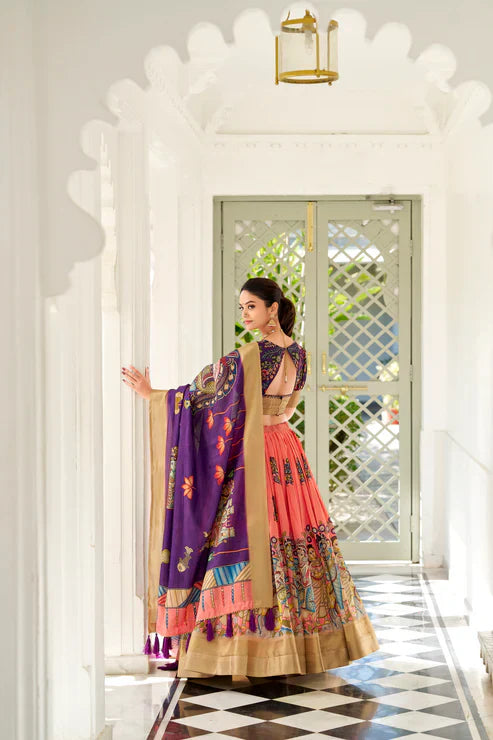 Dola Silk Kalamkari Print Lehenga Set with Zari Weaving Border – Festive & Wedding Wear