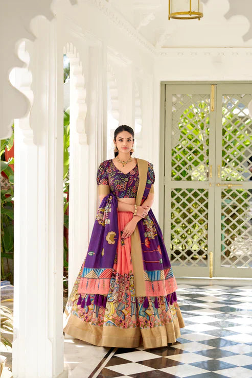 Dola Silk Kalamkari Print Lehenga Set with Zari Weaving Border – Festive & Wedding Wear