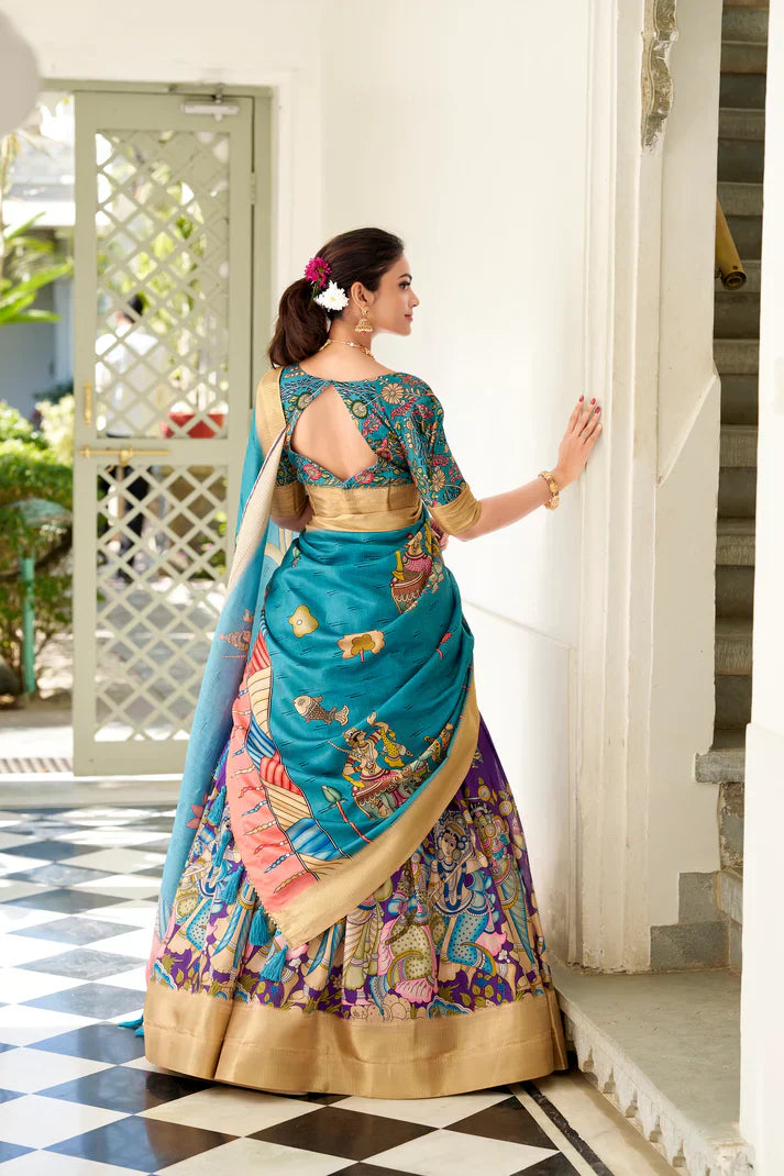 Dola Silk Lehenga Set with Kalamkari Print and Weaving Border