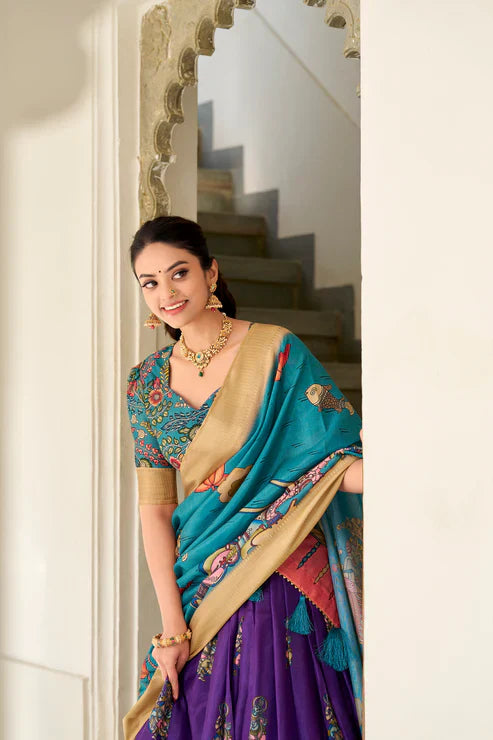 Dola Silk Kalamkari Print Lehenga Set with Zari Weaving Border – Elegant Ethnic Wear for Festive Occasions