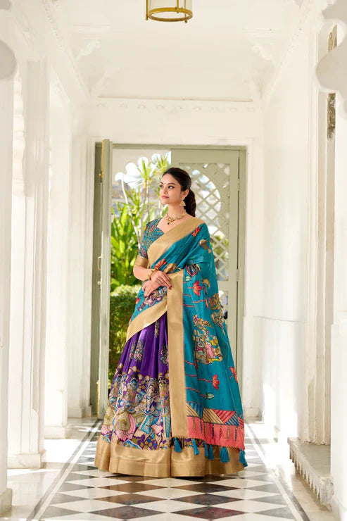 Dola Silk Kalamkari Print Lehenga Set with Zari Weaving Border – Elegant Ethnic Wear for Festive Occasions