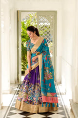 Dola Silk Kalamkari Print Lehenga Set with Zari Weaving Border – Elegant Ethnic Wear for Festive Occasions
