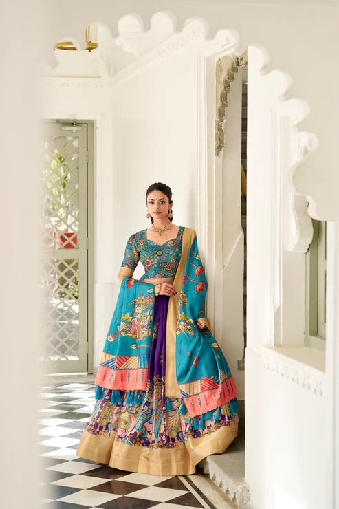 Dola Silk Kalamkari Print Lehenga Set with Zari Weaving Border – Elegant Ethnic Wear for Festive Occasions