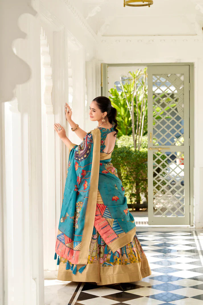 Dola Silk Lehenga Set with Kalamkari Print and Weaving Border
