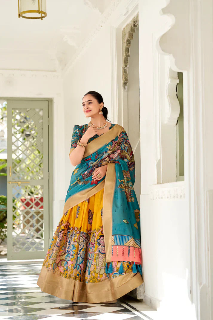 Dola Silk Lehenga Set with Kalamkari Print and Weaving Border