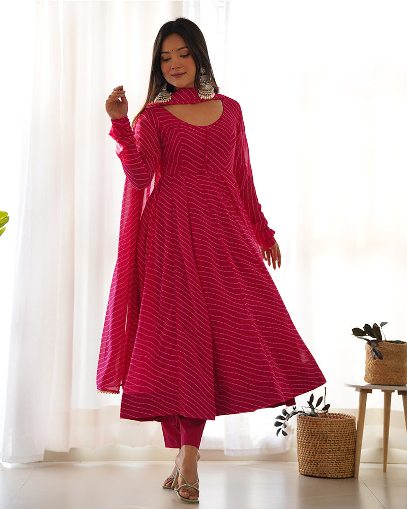 Sky Blue Laheriya Print Faux Georgette Anarkali Suit with Micro Cotton Inner & Printed Dupatta