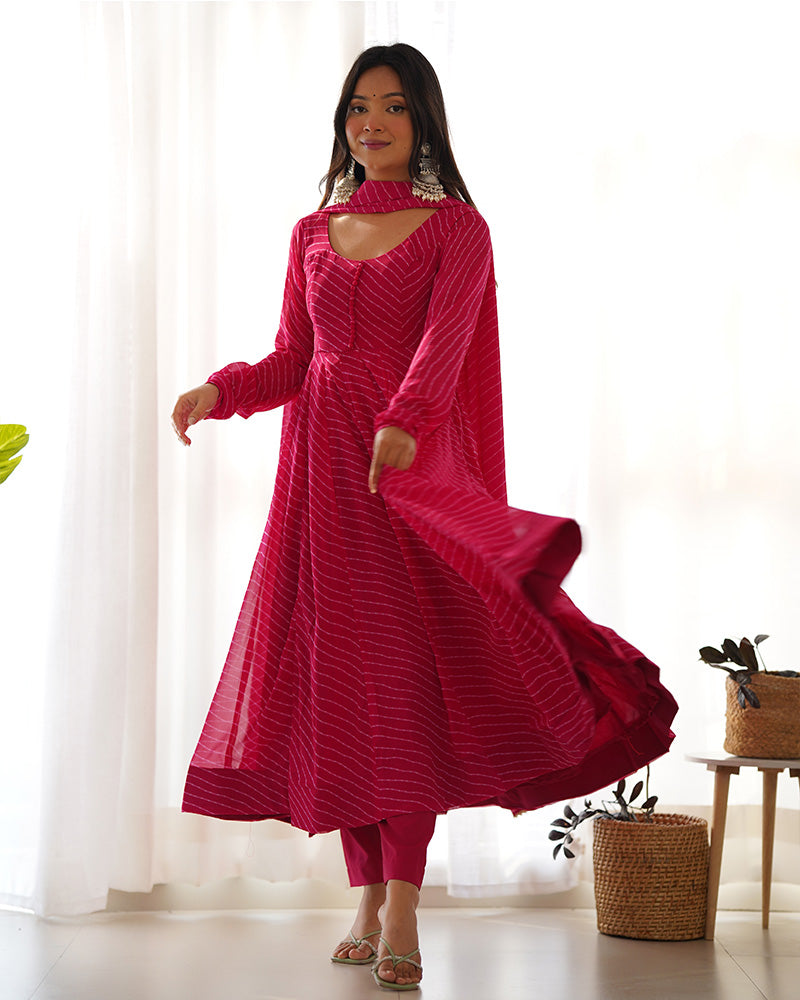 Sky Blue Laheriya Print Faux Georgette Anarkali Suit with Micro Cotton Inner & Printed Dupatta