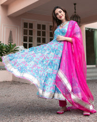 Blue Cotton Angrakha Suit Set with Gota Work and Organza Dupatta