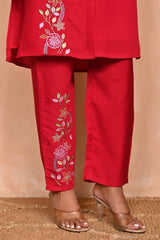 Red Floral Embroidered Chanderi Co-Ord Set – Top & Bottom