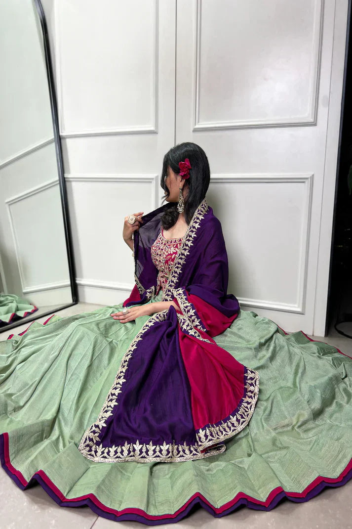 Vichitra Silk Lehenga Set with Sequins & Thread Embroidery and Belt Detail