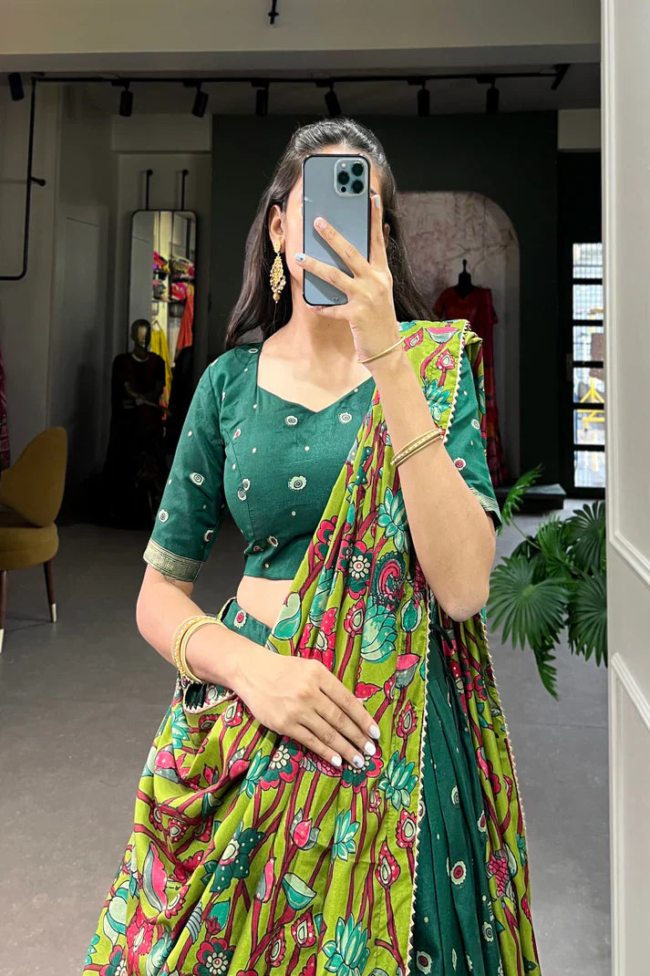 Elegant Tussar Silk Lehenga with Kalamkari Print and Foil Work Border