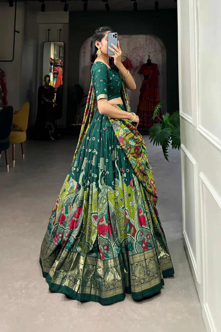 Elegant Tussar Silk Lehenga with Kalamkari Print and Foil Work Border