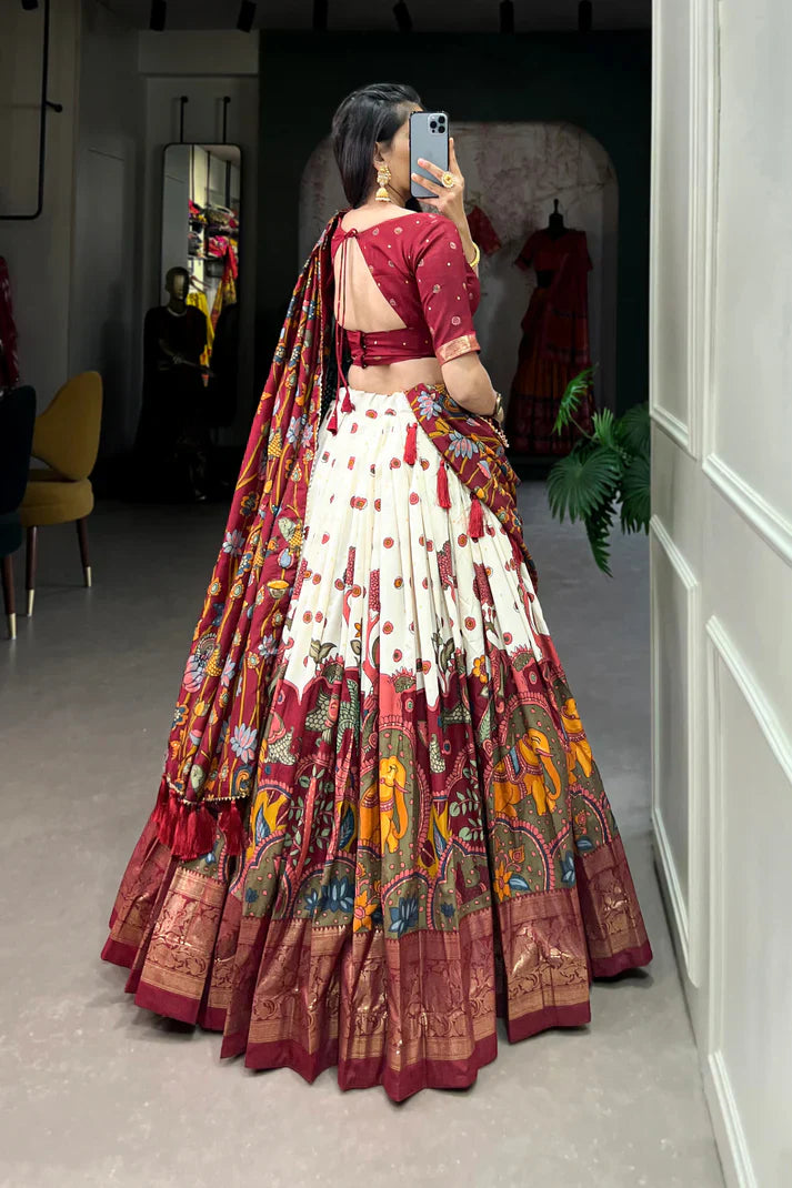 Tussar Silk Lehenga with Kalamkari Print & Foil Work Border