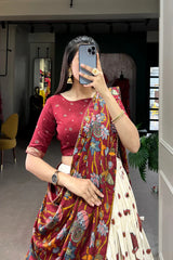 Tussar Silk Lehenga with Kalamkari Print & Foil Work Border