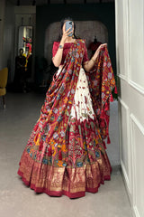 Tussar Silk Lehenga with Kalamkari Print & Foil Work Border
